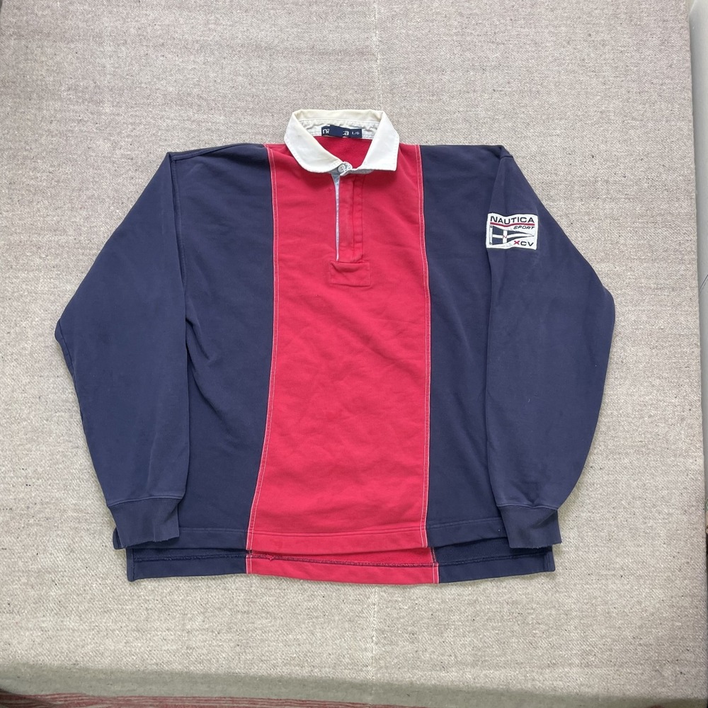 Vintage Nautica long sleeve polo shirt mens Large Red 1990s zip
